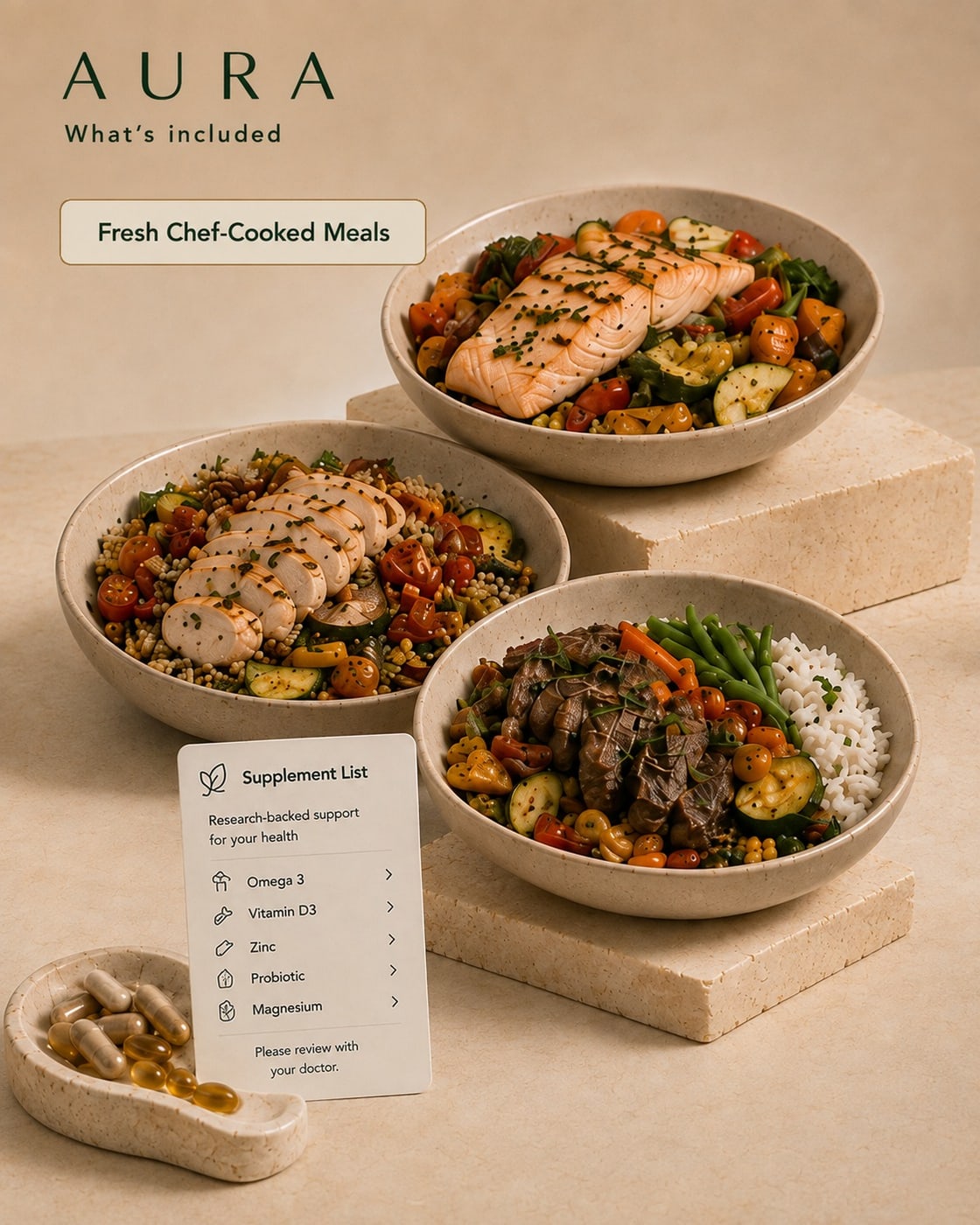 Three chef-cooked bowls of salmon, chicken and beef, beside a supplement list card.