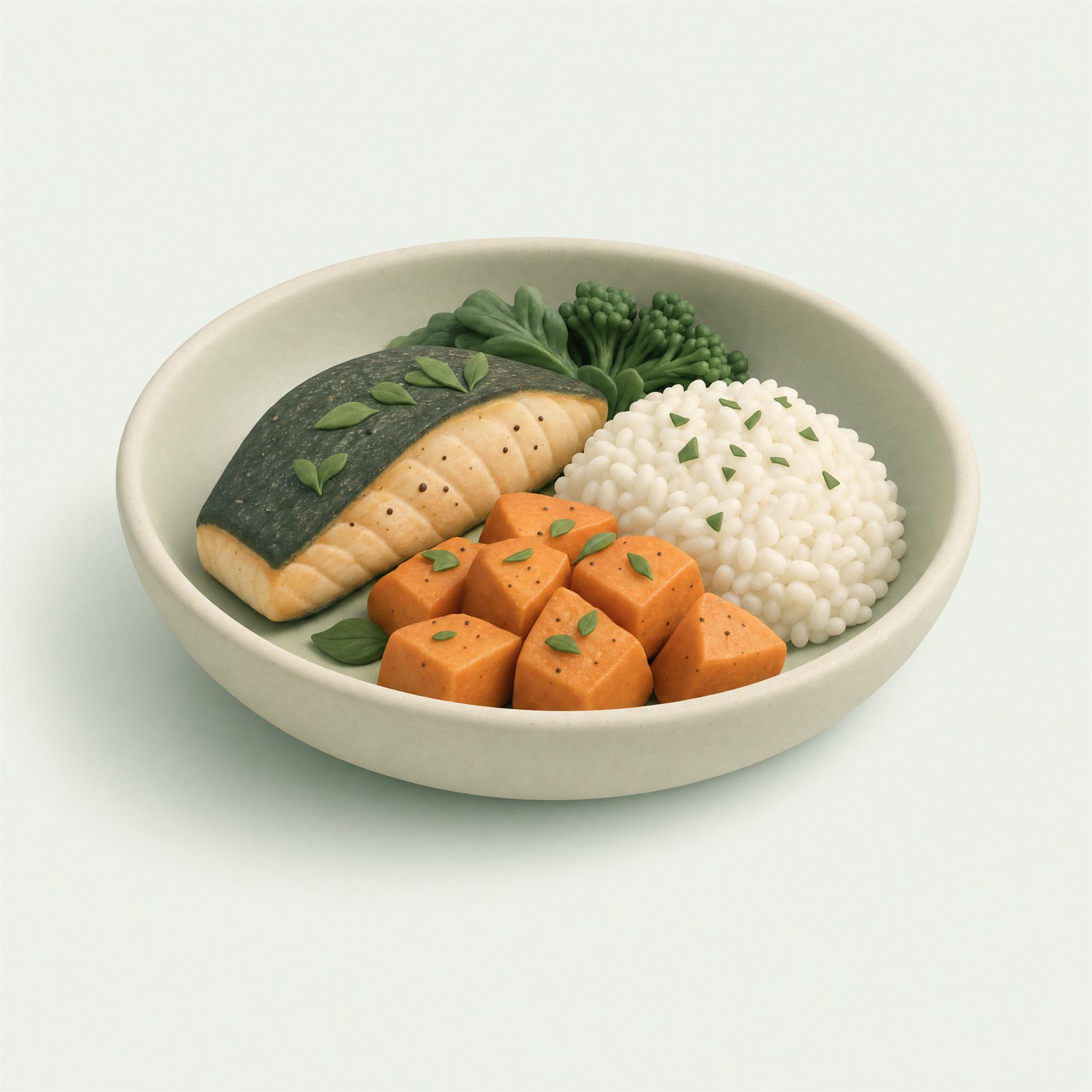A bowl of salmon, rice, broccoli and roast sweet potato.