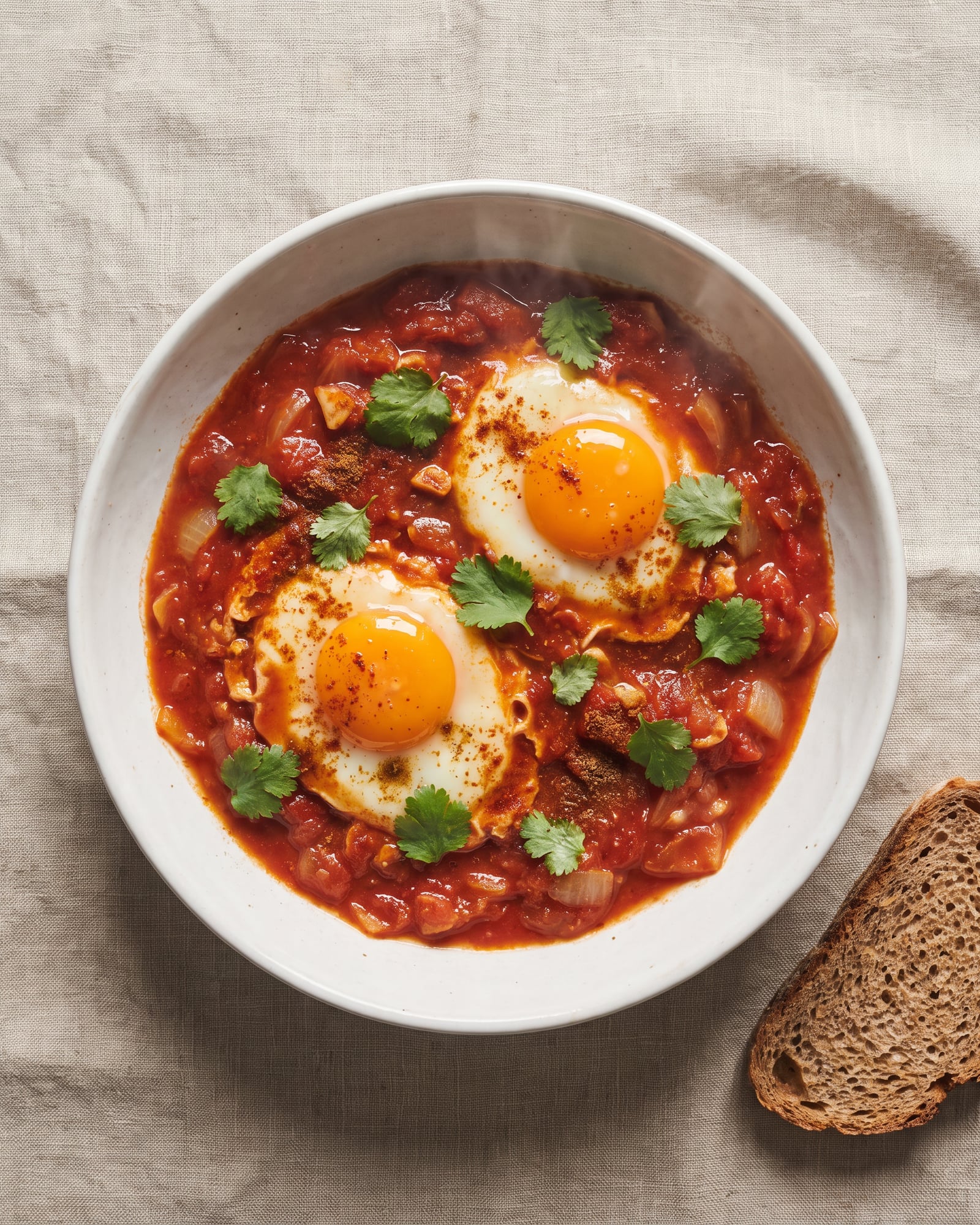 Two eggs baked in a tomato and onion sauce, with coriander and a slice of rye bread.