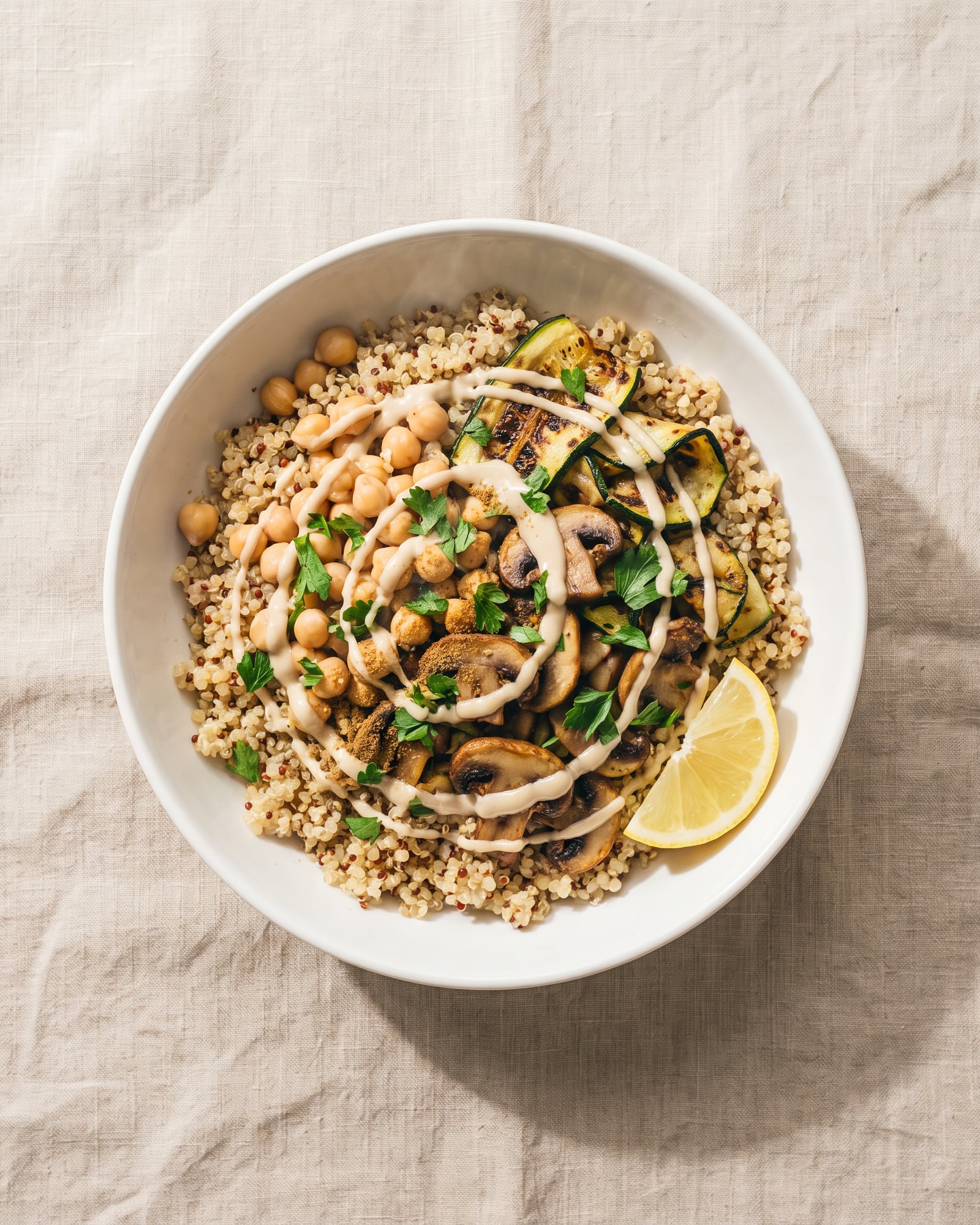 Quinoa with chickpeas, mushrooms, roast courgette, tahini dressing, parsley and lemon.