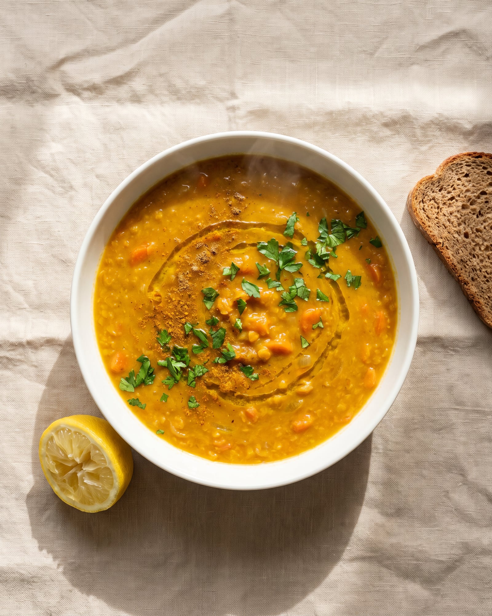 Red lentil and carrot soup with parsley and olive oil, with lemon and a slice of rye bread.