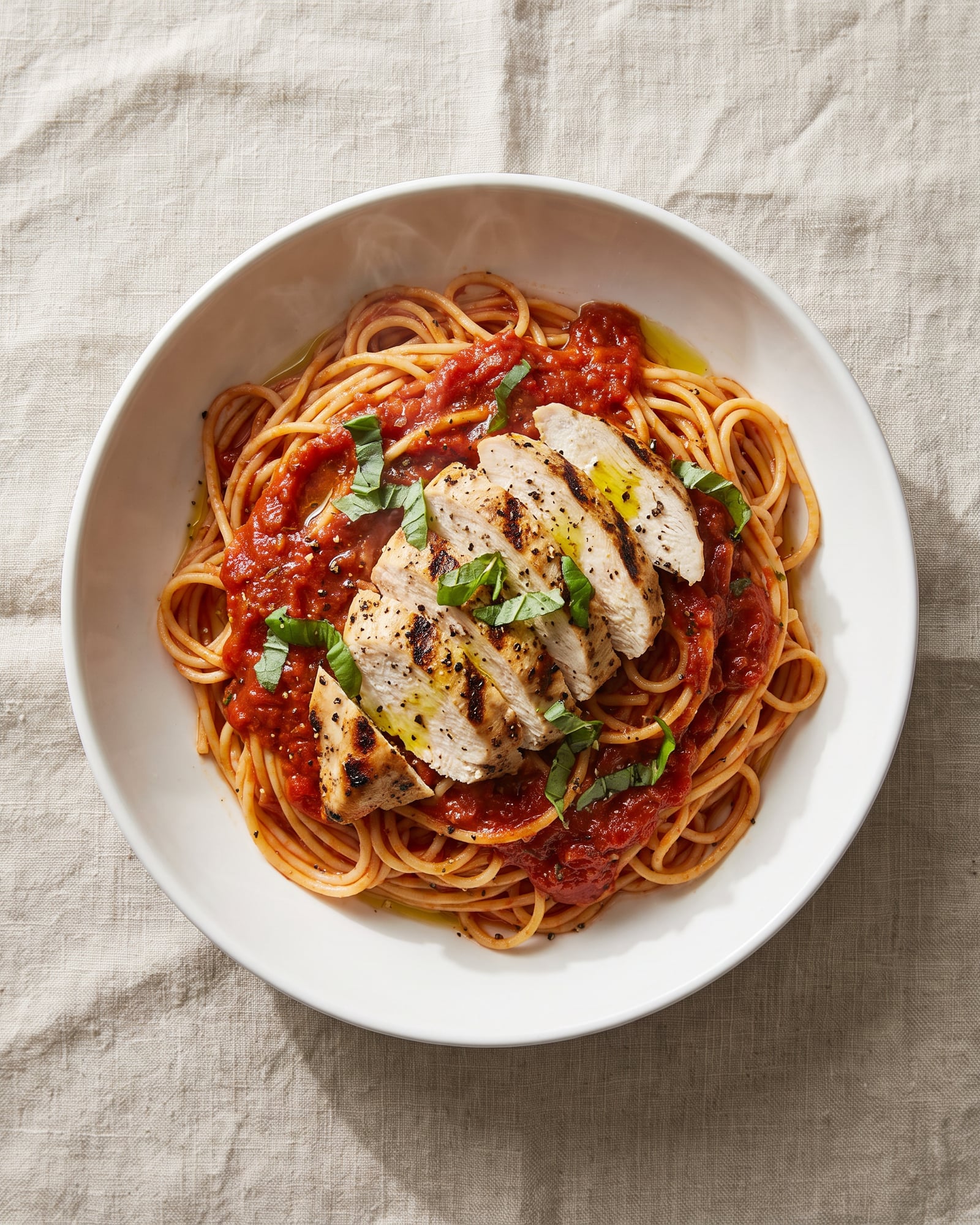Spaghetti in tomato sauce with sliced grilled chicken and basil.