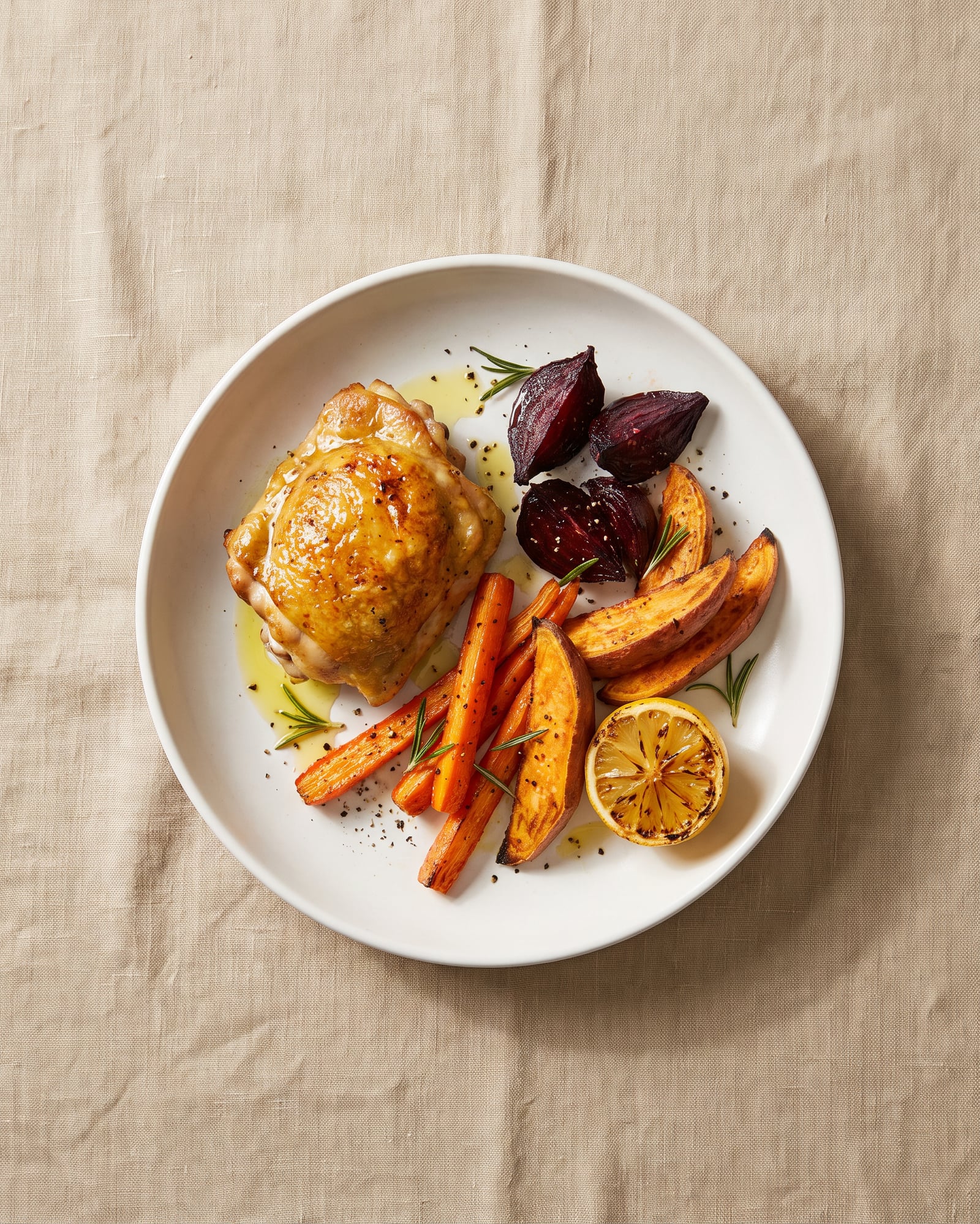 Roast chicken thigh with sweet potato wedges, carrots, beetroot, rosemary and a charred lemon half.