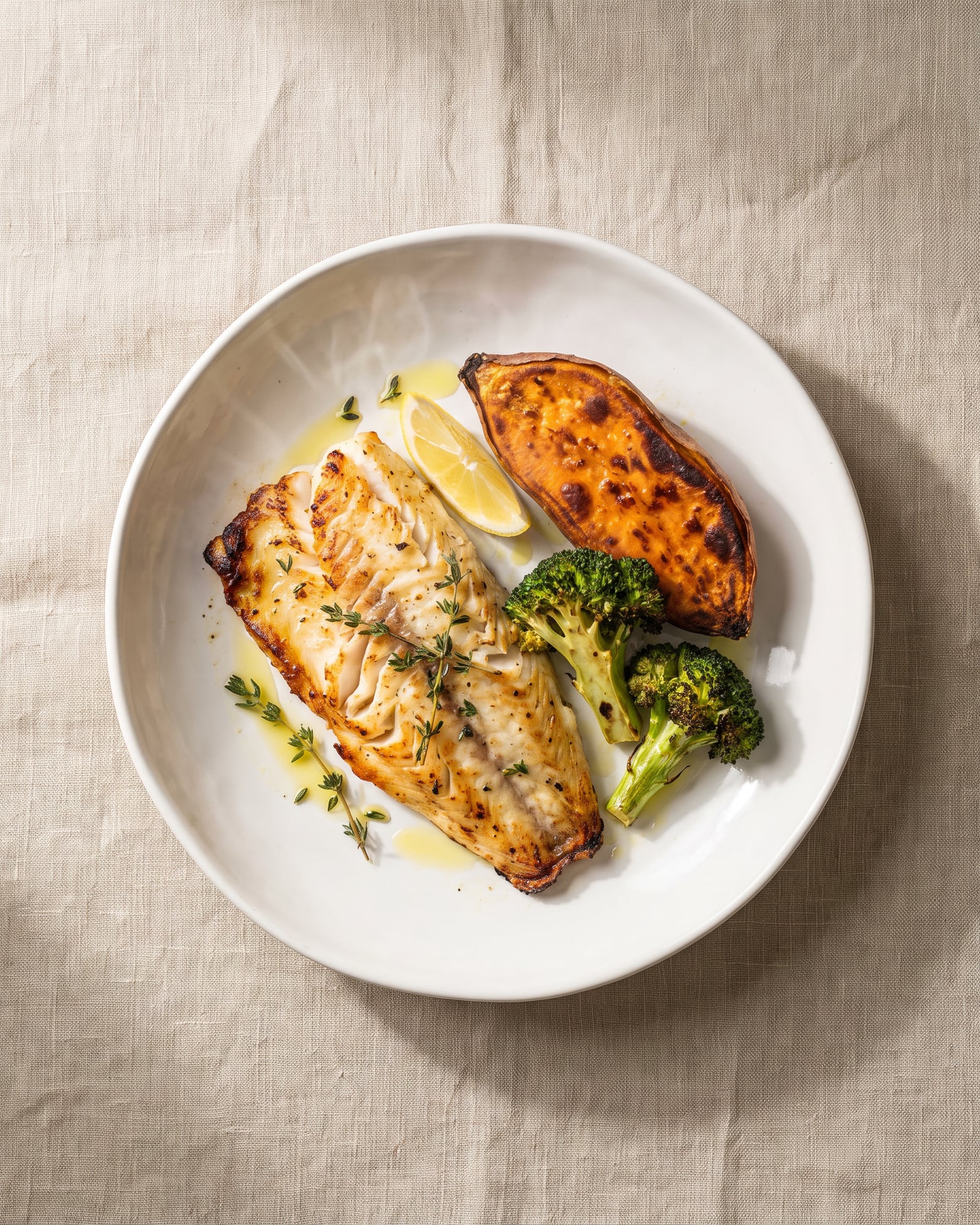 Grilled white fish with a baked sweet potato, broccoli, thyme and lemon.