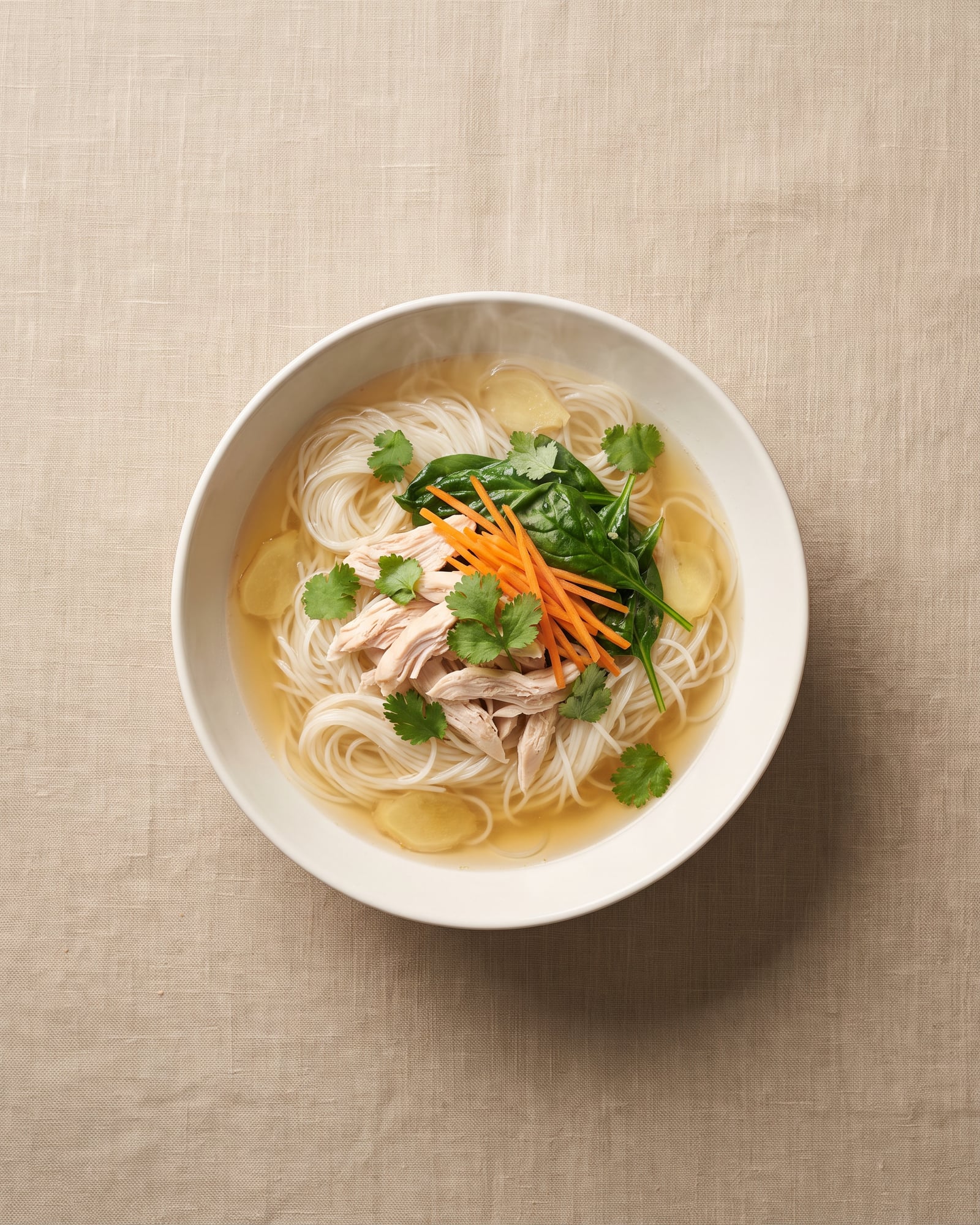 Shredded chicken and rice noodles in a clear ginger broth with spinach, carrot and coriander.
