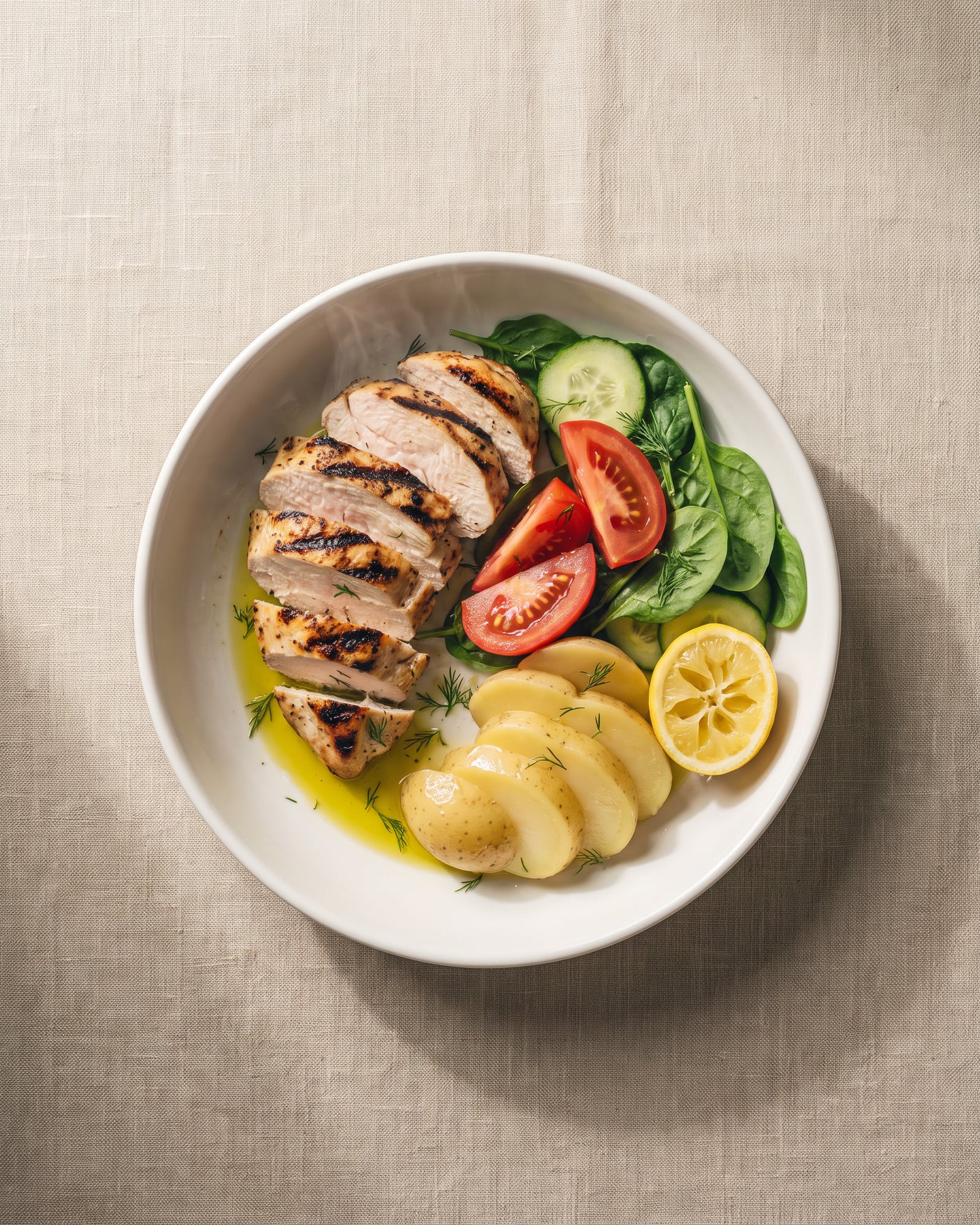 Sliced grilled chicken breast with new potatoes, spinach, cucumber, tomato and lemon.